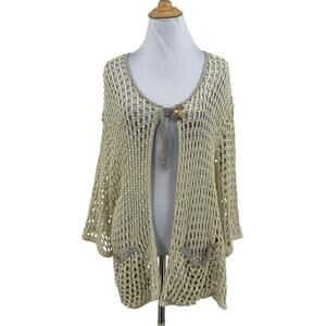 Zele Cardigan Womens M Medium Cream Flax Linen Open Knit Shell Button Pockets